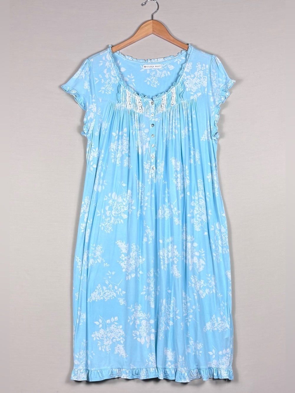 Eileen West Blue Floral Modal Nightgown Lace Trim Cottagecore Sleep Dress LG